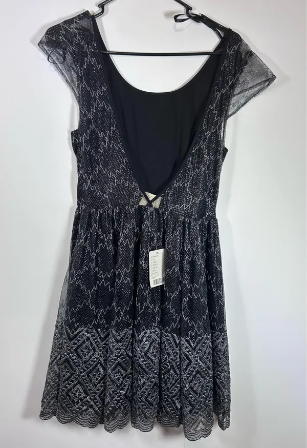 Pins & Needles Size 6 Black Silver Metallic Lace Fit and Flare Mini Dress - Image 2