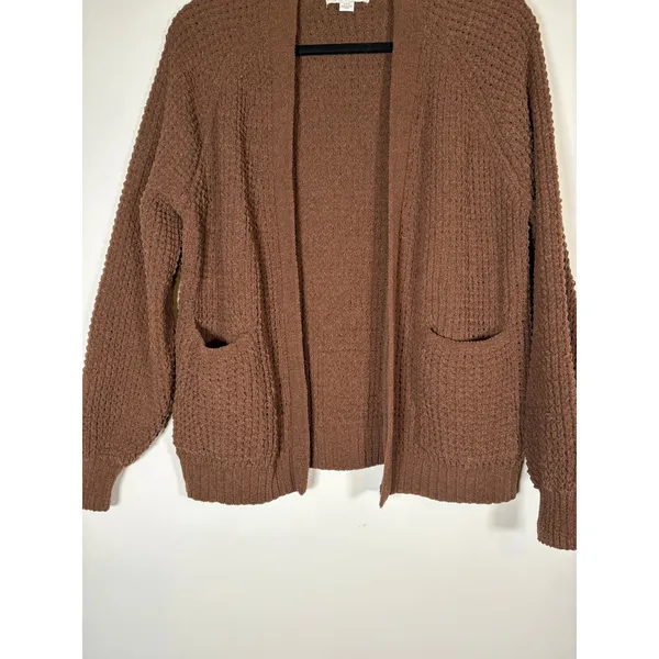 American Eagle Cardigan Sweater Brown Popcorn Waffle Knit Open Front Warm Small - Image 3