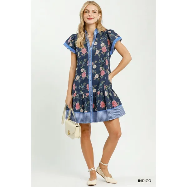Umgee Floral Contrast Trim Ruffle Hem Mini Dress - Indigo - Small - Image 5