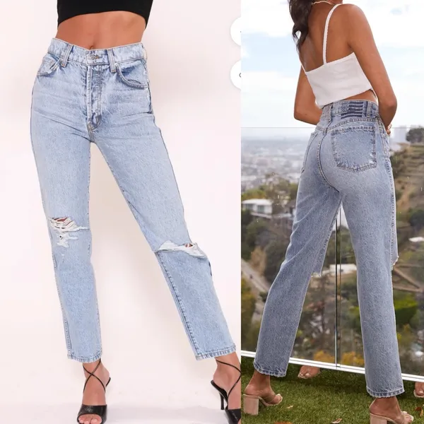 Revice Denim Frontrunner High Rise Distressed Straight Leg Jeans Grand Prix Light Wash - Image 6