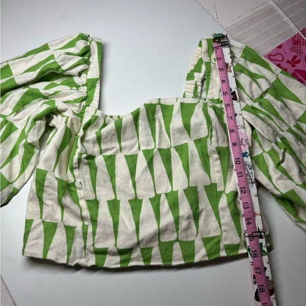 Anthropologie Maison d’Amé Paris Green White Geometric Puff Sleeve Crop Top L - Image 5