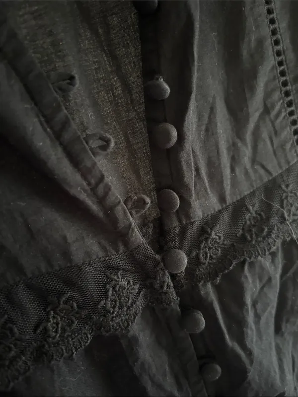 Crochet-Trim Tiered Black Maxi Dress Sheer Panel Boho Cottage Whimsigoth Sz Med - Image 4