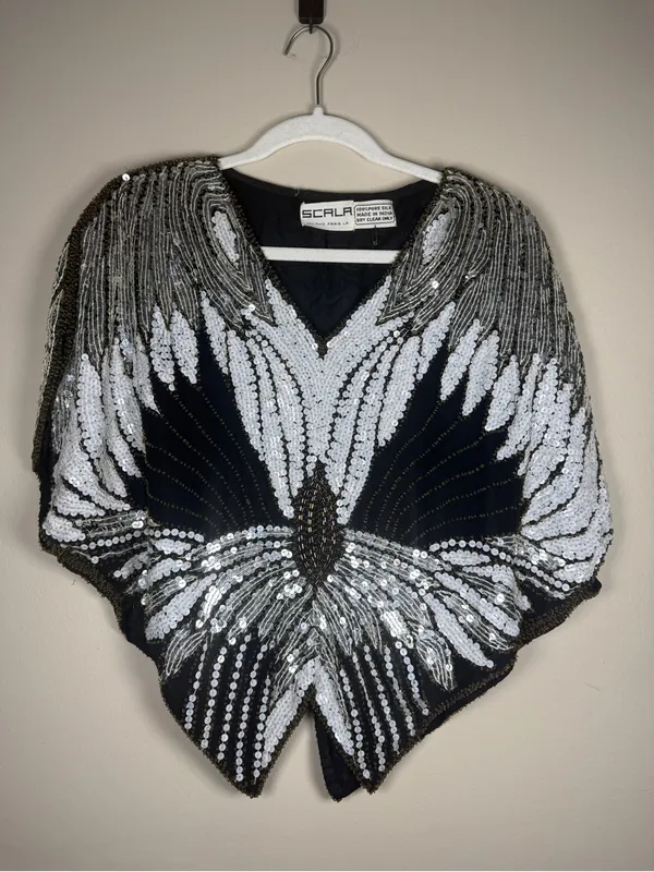 Scala Vintage 80s Black + Silver Flower Blouse Top Glam Sequin Beaded Silk - Image 2