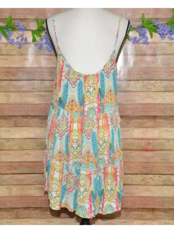 Elan Ibiza Tiered Mini Sun Dress Size M Sleeveless Colorful Paisley Boho Rayon - Image 6