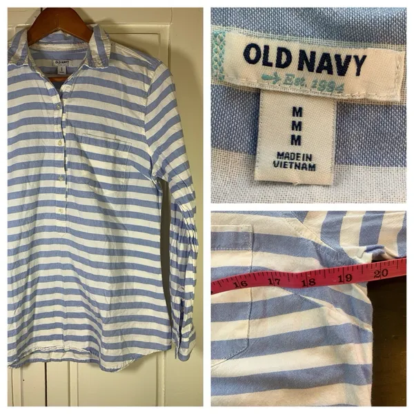 Old Navy Top Womens Medium Blue Striped Oxford‎ Popover Tunic Coastal Preppy - Image 2