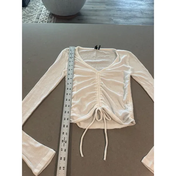 Out From Under White Ribbed Ruched Drawstring‎ V Neck Long Sleeve Cropped Top - Image 3