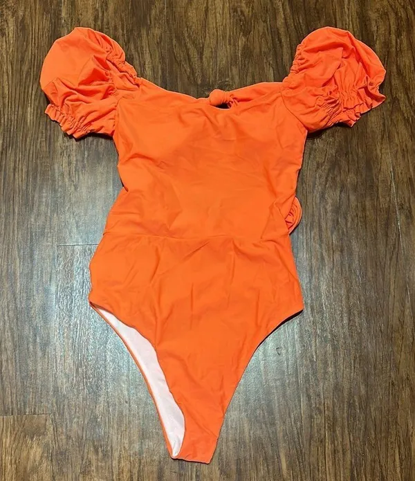 Orange Puff Sleeve One Piece Swimsuit - Image 4