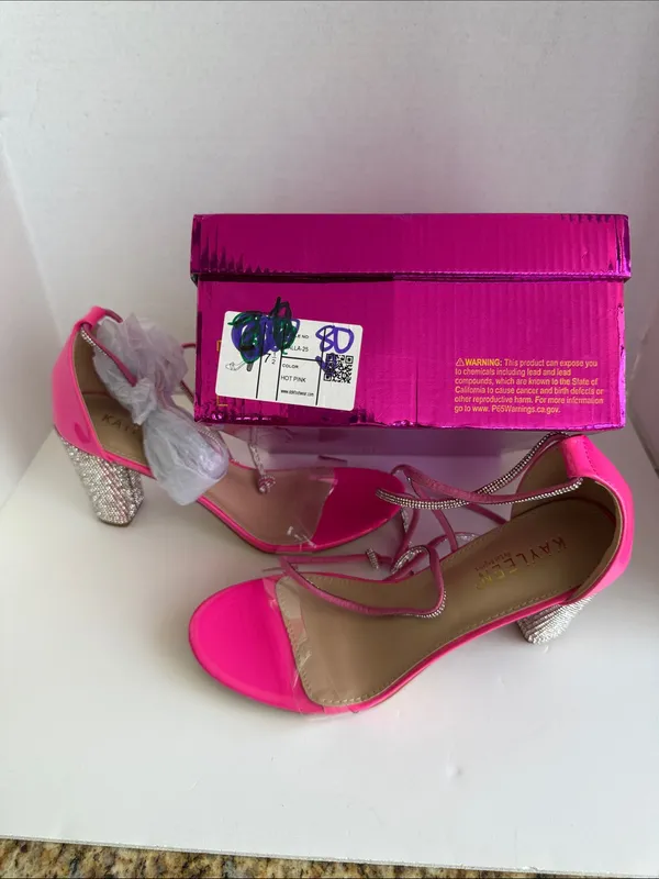 KAYLEEN By Los Angeles Hot Pink Rhinestone Block Heel Sandals - Style Talla - Image 2