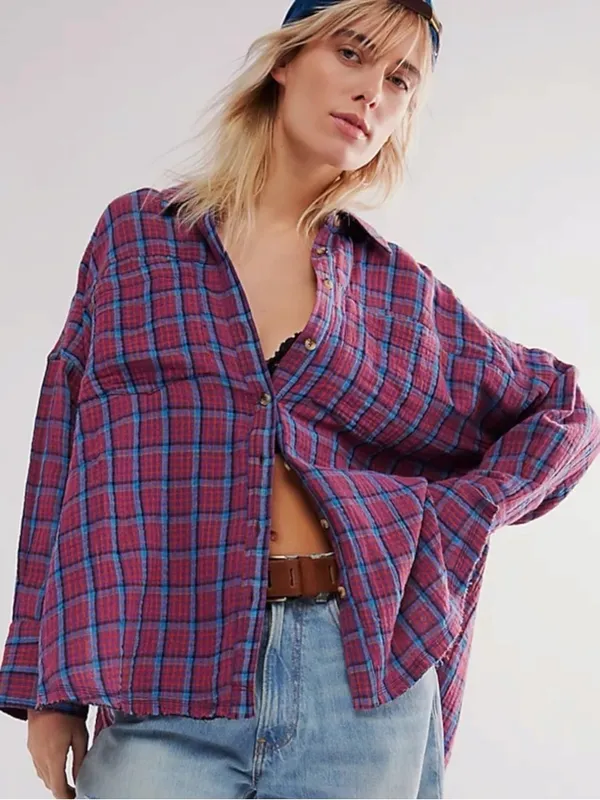 Free People Oversized Bohemian Grunge Fall Cardiff Plaid Swing Top Shirt Medium - Image 3