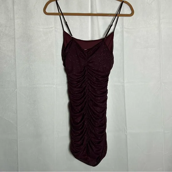 Lucy in the Sky Maroon Glitter‎ Sparkle Spaghetti Strap Bodycon Mini Dress Small - Image 2