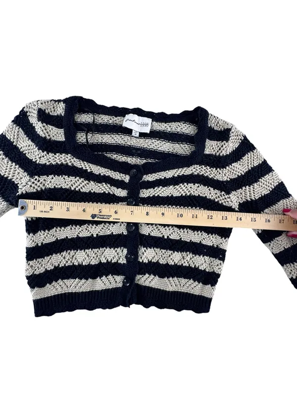 Striped Cropped Button-Front Cardigan in Black and Cream - Image 5