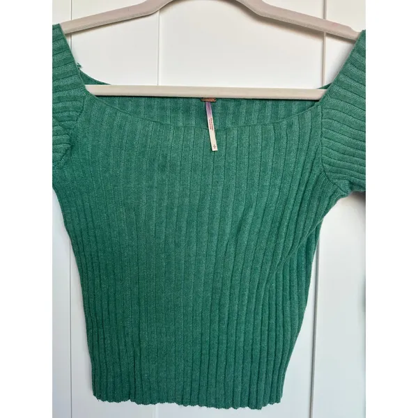 Free People Madeline Green Ribbed Long Sleeve Off The Shoulder Sweater Size S - Image 6