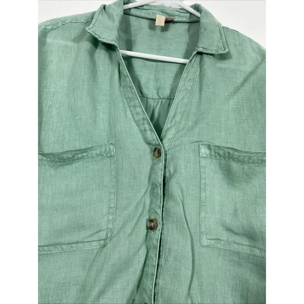 Pilcro Anthropologie Green Linen Blend Short Sleeve Button Up Cropped Shirt S - Image 5