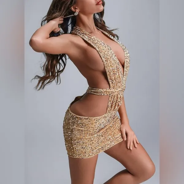 Knowles Gold Sequin Bodycon Dress‎ Plunge Neckline - Image 2