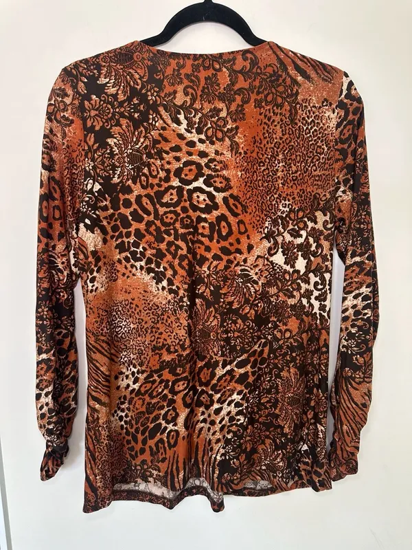 Rafaella V-Neck Blouse Size M Brown Animal Print Beaded Center - Image 5