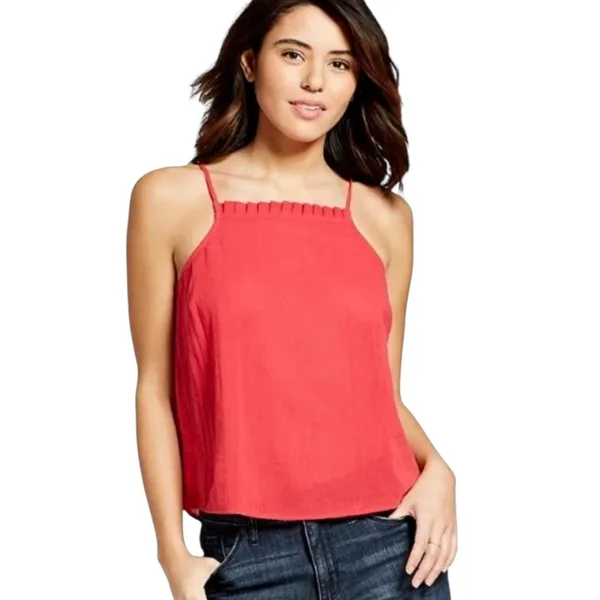 Universal Threads Red Cotton Ruffle Trim Square Neckline Spaghetti Strap Tank S - Image 2