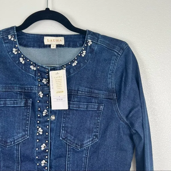 Laura Embellished Jewel Denim Top‎ Blue Snap Front Jacket Sz 4 - Image 2