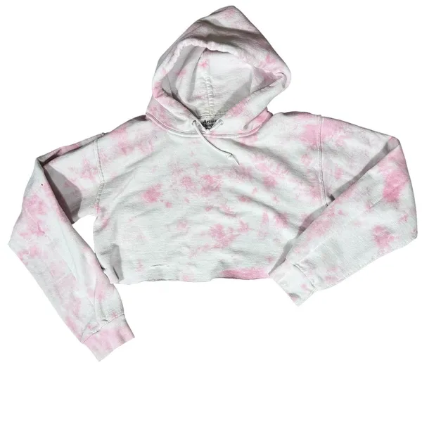 Artist Union Hoodie Womens Small Pink Tie Dye Cropped Raw Hem Long Sleeve - Image 5