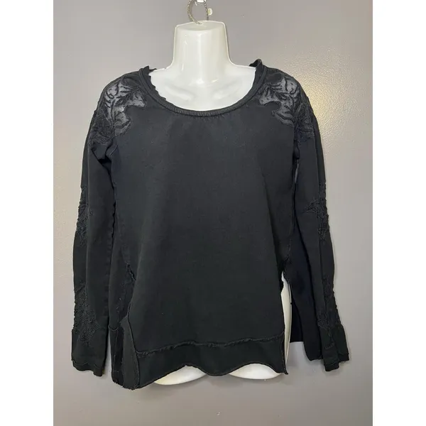 Free People Blouse Womens Small Black Embroidered Scoop Neck Long Sleeve Top - Image 2