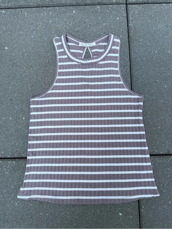 Free People We The Free Dusty Purple Striped Ribbed Keyhole Tank Top L - Image 6