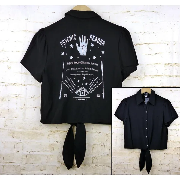 Hot Topic Shirt Women M Black Psychic Reader Tie Front Button Goth Witch Moon - Image 2