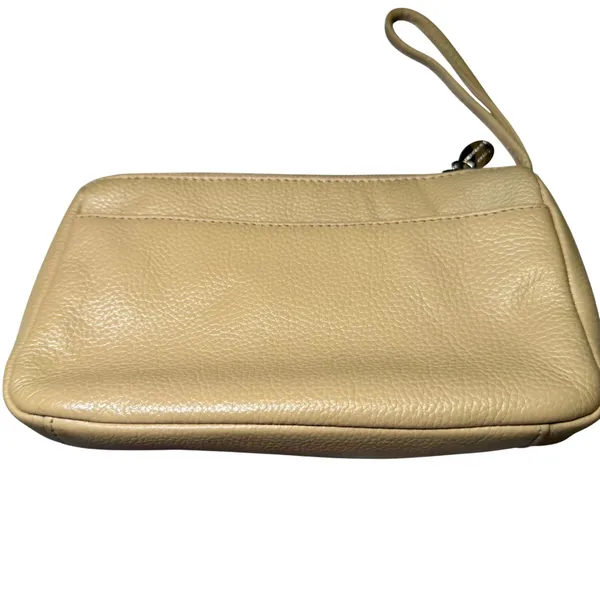Stone Mountain‎ Tan Leather Wristlet Clutch Bag Pebble Grain Cream Beige Zipper - Image 2