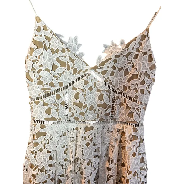 L'ATISTE White Guipure Lace Mini Dress S Bridal Shower Bachelorette Nude Lining - Image 4