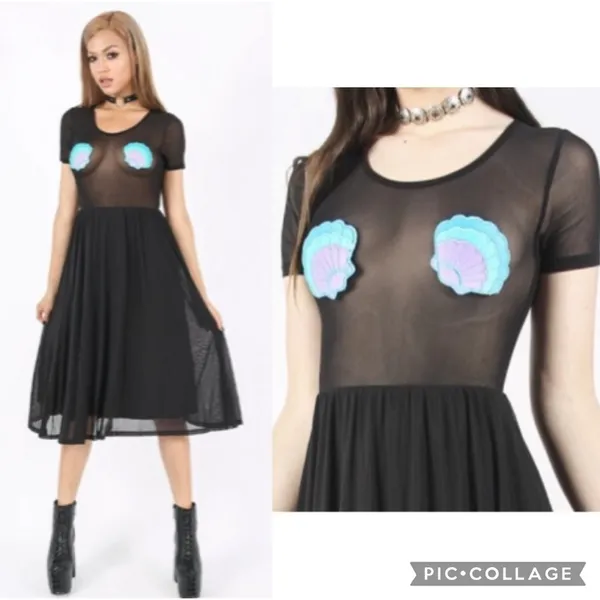 NEW! Iron Fist Mermaid For Life Sheer Black Midi Dress 3X Turquoise Blue Shells - Image 5