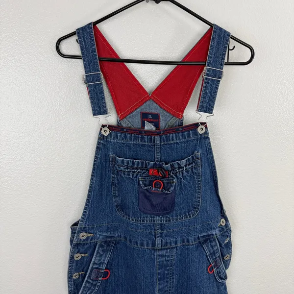 B.U.M. Equipment Overalls Womens Size Medium Blue Denim Red Mesh Straps Vintage - Image 2