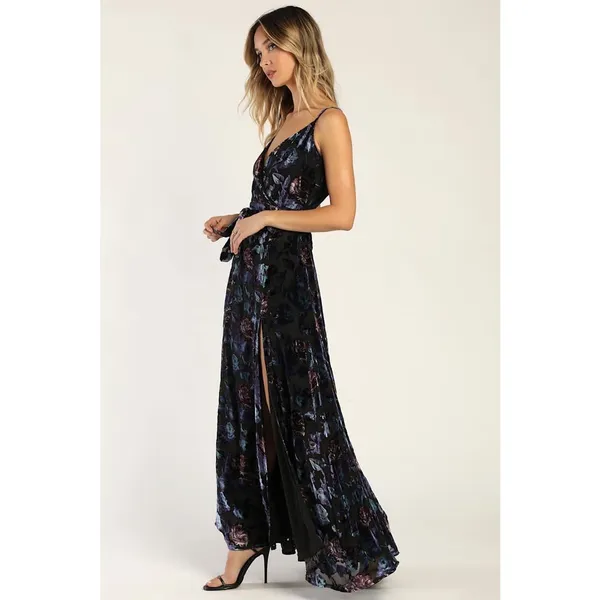 NWT Lulus Pretty Companion Black Floral Velvet Burnout Maxi Dress Holiday Sz XS - Image 8