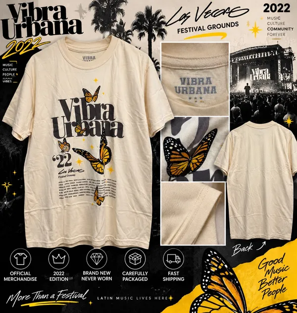 Vibra Urbana 2022 Butterfly Tee Light Yellow Size L NEW Festival Grounds - Image 2