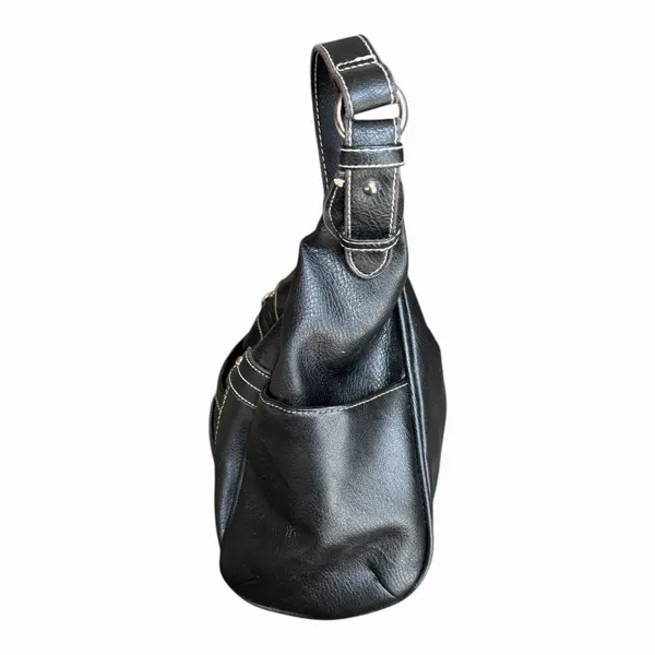 Black Faux Leather Hobo Shoulder Bag Contrast Stitch Y2K Slouchy Purse - Image 4
