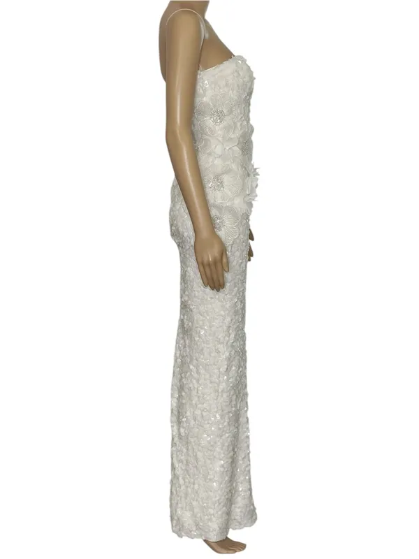 DRESS THE POPULATION Izza 3D Floral Sequined Gown, White, XXS - Image 6