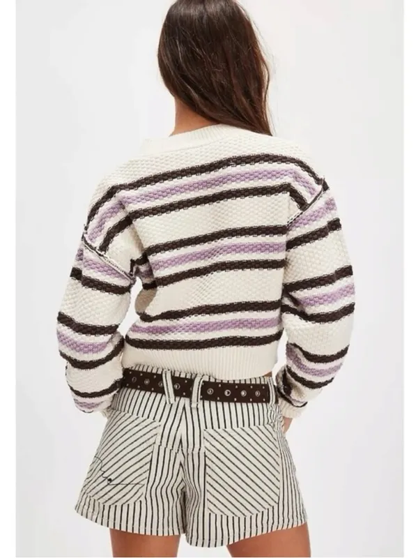 Free People Lila Stripe Cardi Cardigan Sweater in Lavender Ivory Combo Size XL - Image 3