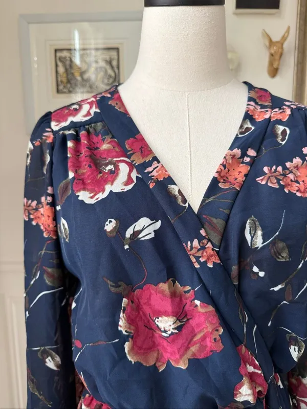Lulus Pretty Pretender Navy Blue Floral Print Sheer Long Sleeve Mini Dress L - Image 3