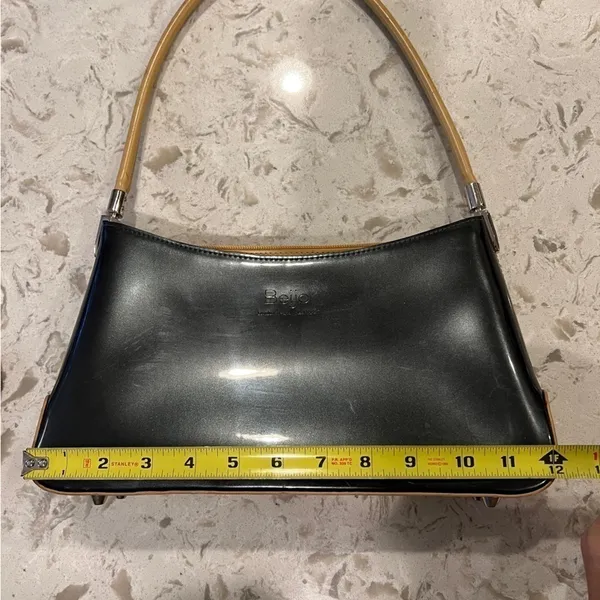 Beijo metallic patent pewter and tan trimmed handbag, EUC, clean interior - Image 10
