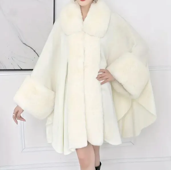 Stunning Soft, Faux Rabbit Fur Collar and Lapels, Cape - White - one size - Image 2