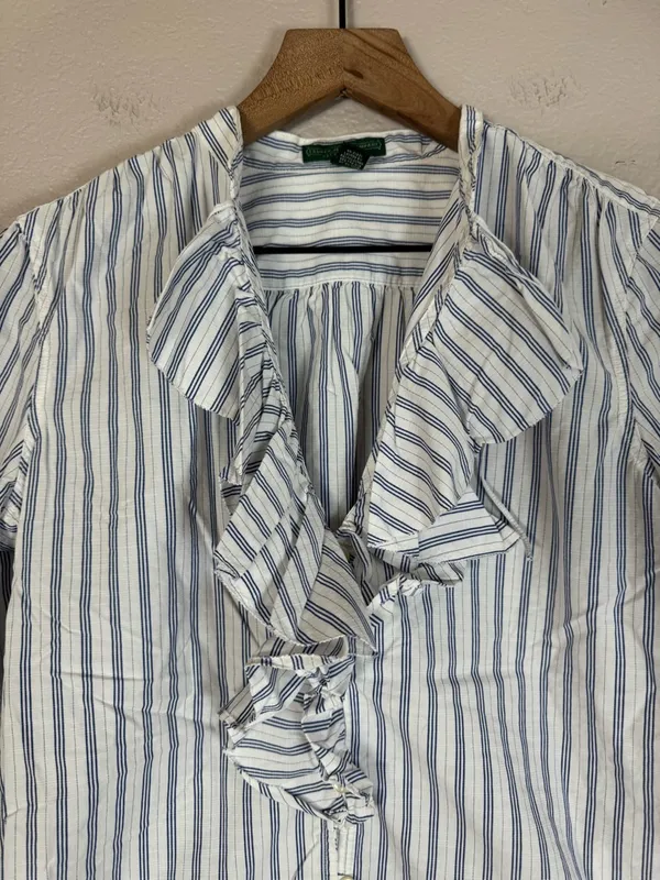 Ralph Lauren Jeans Company Cotton Striped Ruffle Blue White Blouse Medium - Image 4