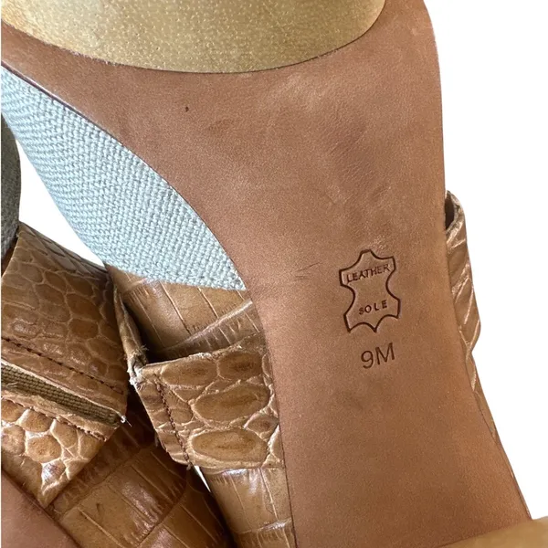 Tory Burch Georgina Linen Platform Heels Croc Leather Peep Toe‎ Sz 9 - Image 14
