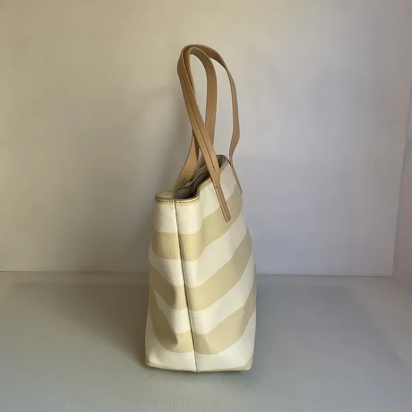 Kate Spade New York Striped Tote Bag Cream Beige Spade Charm Bow Shopper - Image 7