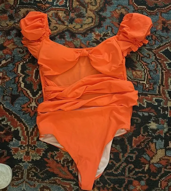 Orange Puff Sleeve One Piece Swimsuit - Image 6