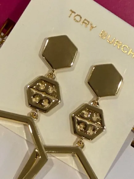 Tory Burch | Gold Plated Triple-Hexagon Drop Earrings | Large & Lightweight - Image 3