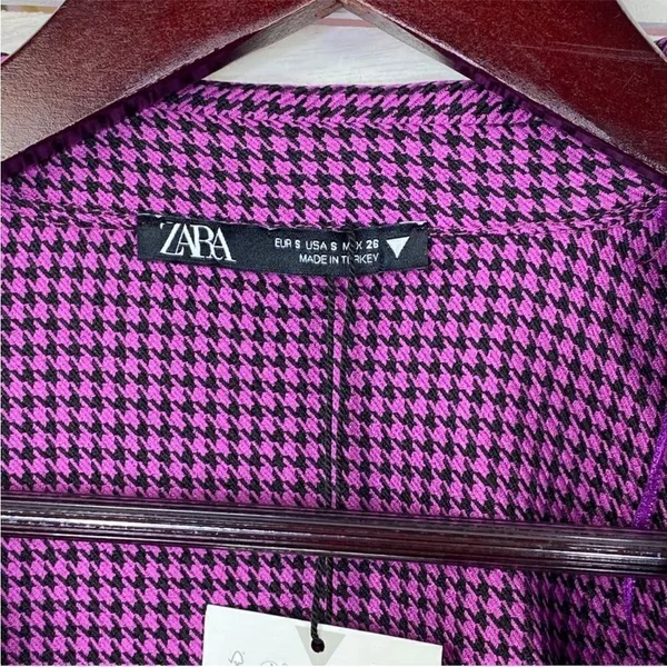 Zara Houndstooth Cropped Polo Top Purple Black‎ Small Long Sleeve Deep V-neck - Image 12