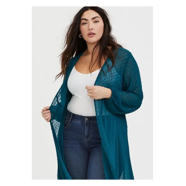 Torrid Teal Green Clip Dot Chiffon Kimono Sz.0 - Image 2