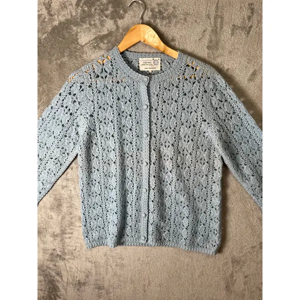 Vintage Hand Crocheted Wool Cardigan Blue Cottagecore Boho‎ Grannycore Dainty LG - Image 2