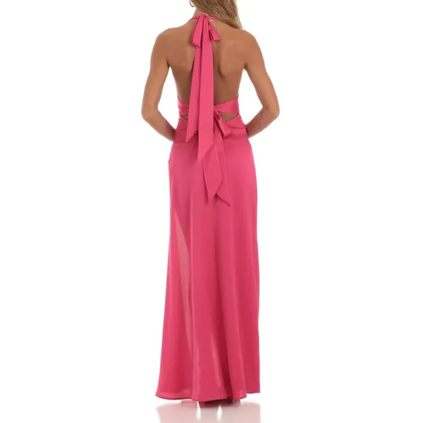Lucy In The Sky Plunge Tie Back Ruffle Slit Satin Maxi Dress Gown Pink XXS - Image 2