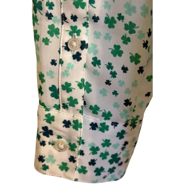 EXPRESS Portofino White Green Shamrock Clover Button Up Roll Tab Blouse NWOT XS - Image 7