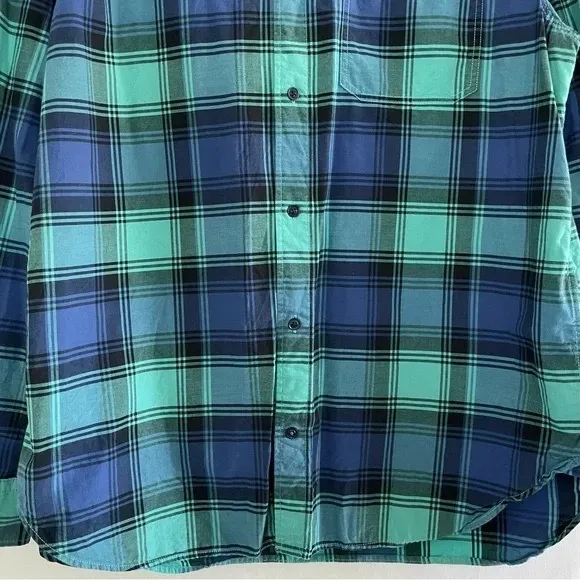 Gap Plaid Lived-In Cotton Long Sleeve Button Down Shirt Blue Aqua Size XL - Image 4