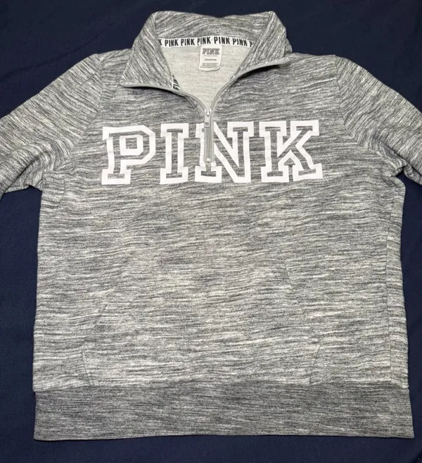 PINK Victoria’s Secret Gray Marled Quarter Zip Sweatshirt Small Y2K Varsity - Image 3