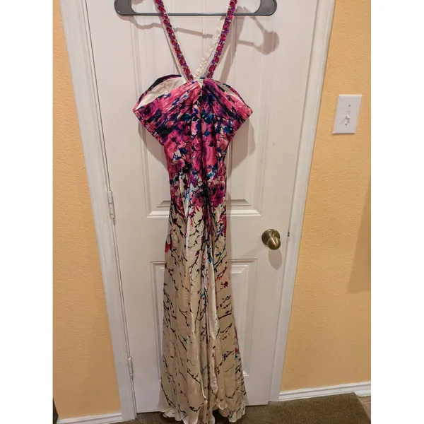 La Femme Multicolor Floral Rhinestone Embellished Halter Evening Gown EUC Sz 0 - Image 12